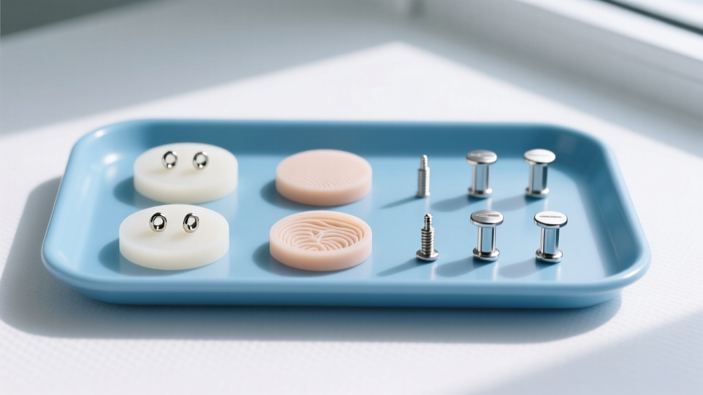 Flat lay of medical-grade silicone earring pads and implant-grade titanium posts arranged neatly on a sterile blue medical tray.