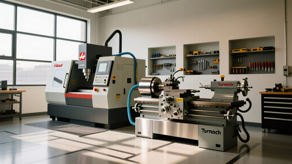 A modern small machine shop featuring a Haas ST-10Y mill-turn center and a Tormach CNC lathe side by side.