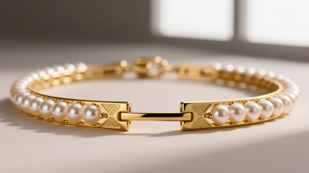Macro shot of an 18k gold double-strand pearl necklace clasp with a built-in spacing bar to prevent tangling, highly detailed