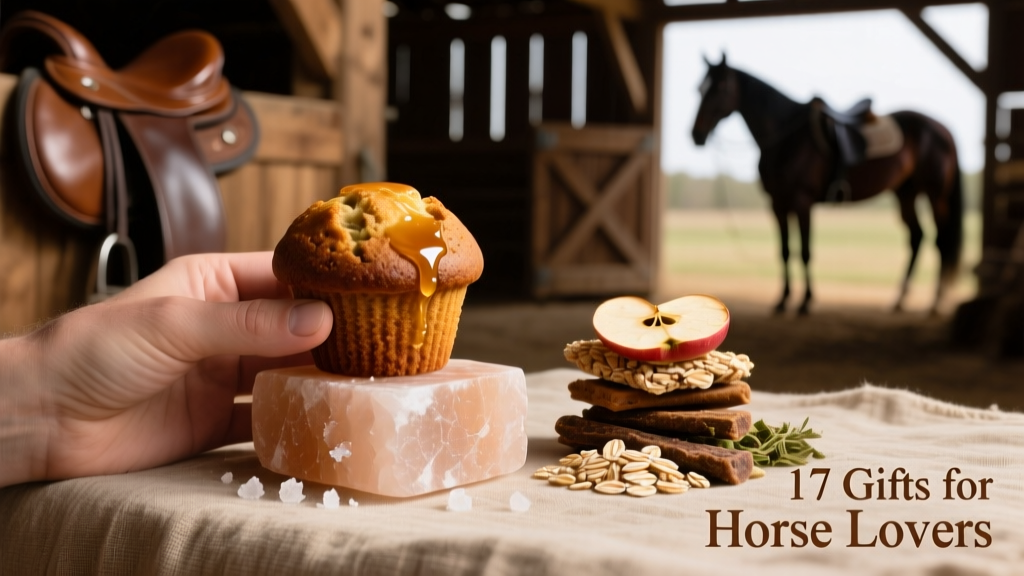Hand holding a molasses horse muffin and a Himalayan salt block beside a small stack of natural horse treats