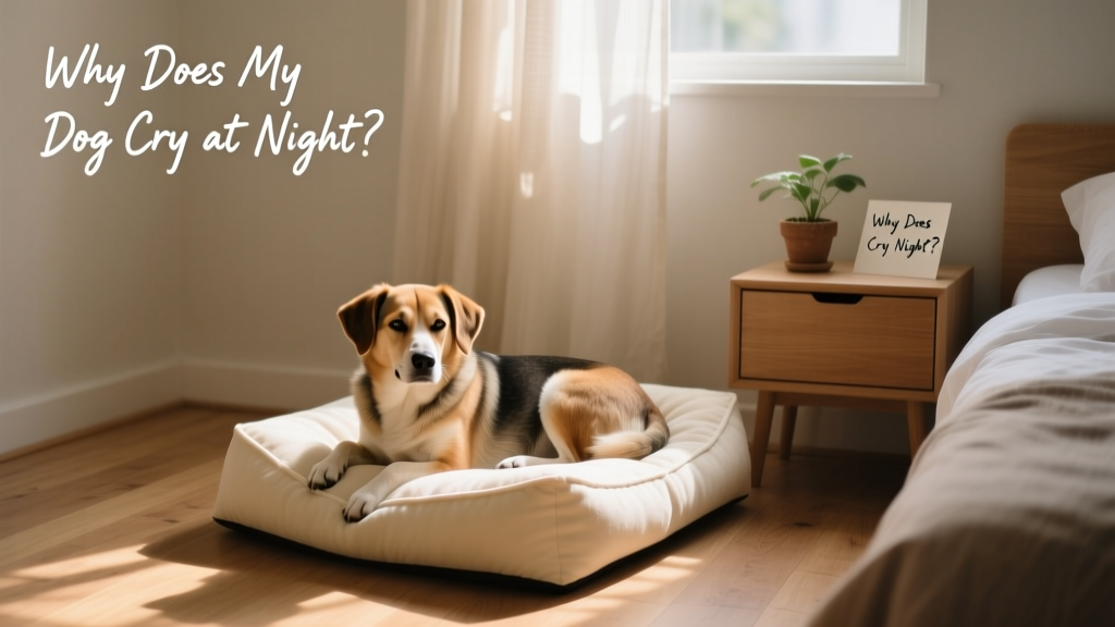 A calm dog resting peacefully on a cozy dog bed in a softly lit bedroom