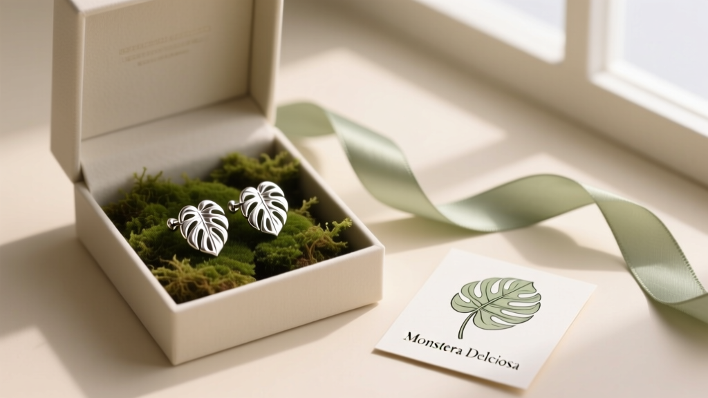 Open box showing sterling silver monstera leaf stud earrings on moss, beside a silk ribbon and a small botanical card.