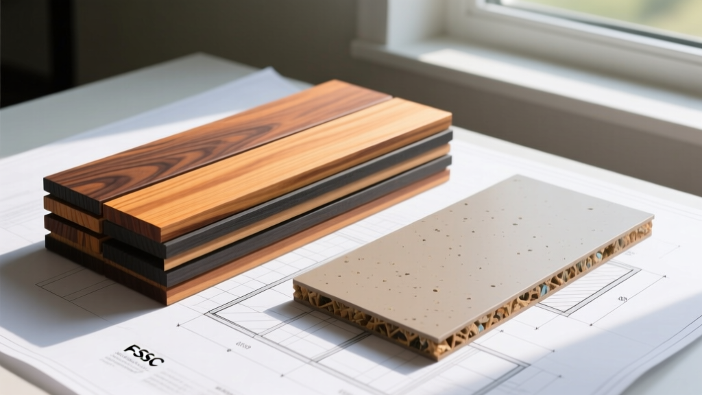 FSC-certified thermally modified ash decking boards with visible grain stacked next to a recycled composite sample on a blueprint