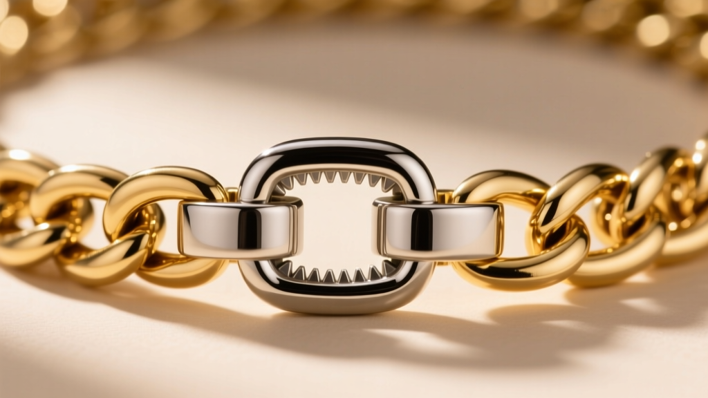Macro shot of a heavy-duty neodymium magnetic clasp on a thick gold-chain statement necklace, showing secure locking mechanism.