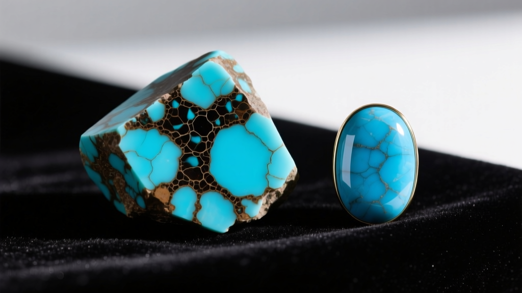 Macro shot of raw natural Bisbee turquoise with dark matrix beside a stabilized sky-blue Sleeping Beauty cabochon on dark velvet
