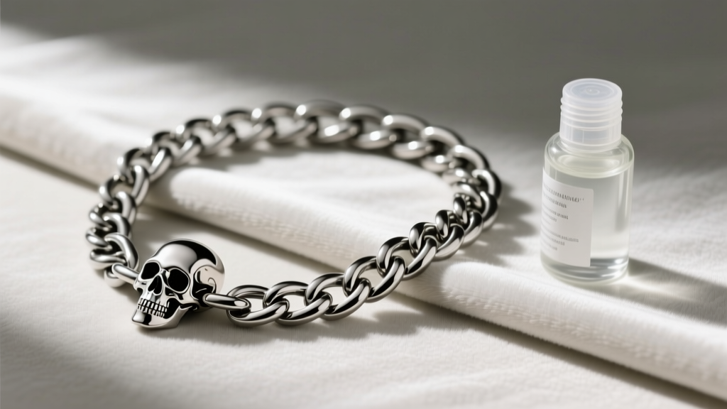 Steel Cuban link chain attached to a skull clasp, laid on a microfiber cloth next to a small bottle of jewelry cleaning solution