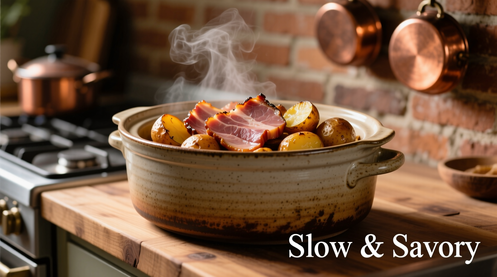 Slow cooker filled with ham and golden potatoes
