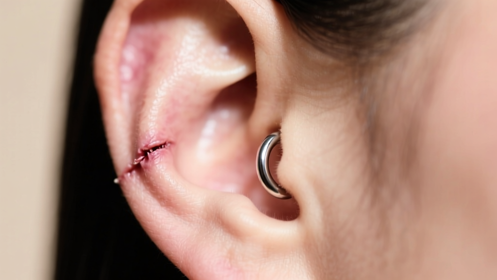 Side profile of a healed helix piercing wearing a 16-gauge titanium hoop, showing clearance to prevent cartilage rejection