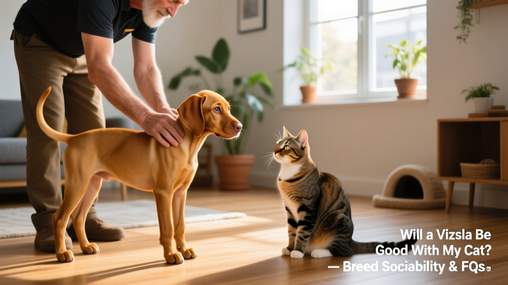 A trainer guiding a young Vizsla puppy to calmly observe a seated cat from a short distance