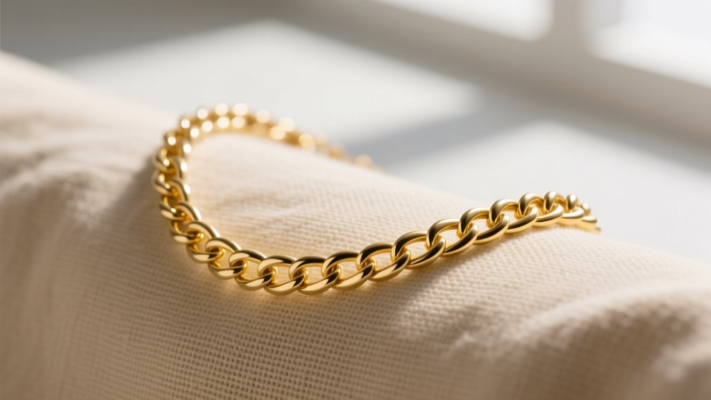 Macro shot of a delicate 14k yellow gold cable chain necklace resting on beige linen fabric under soft natural window lighting.