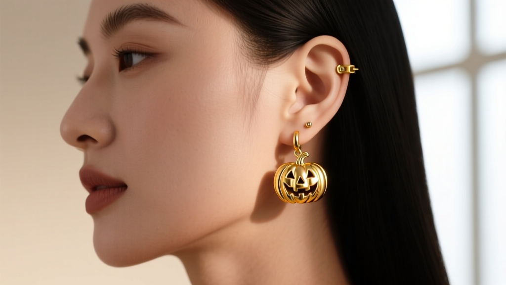 Side view of a woman wearing 20g gold jack o lantern stud earrings, showing the secure friction back and comfortable earlobe fit