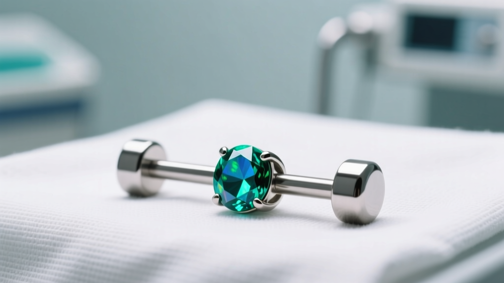 Macro shot of a 14-gauge titanium curved barbell with a teal opal gem on a sterile medical drape under bright clinical lighting