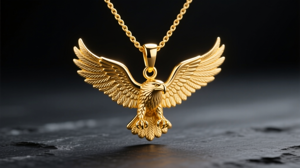 14k yellow gold eagle pendant with spread wings on a 2mm rope chain against dark slate background with soft studio lighting.