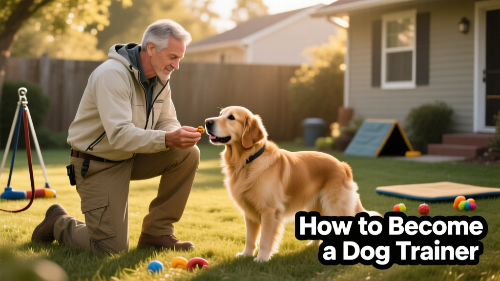 A dog trainer calmly offering a treat during a positive reinforcement session