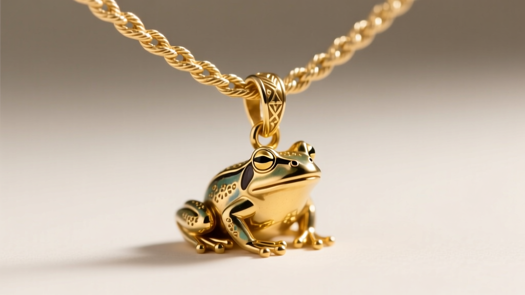 A delicate 14k gold rope chain threading through the bail of a vintage gold frog pendant, showcasing a secure, soldered jump ring