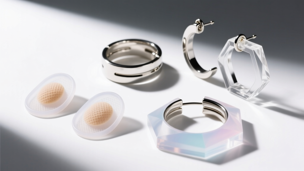 Flat lay of earring support hacks including clear silicone lobe patches, adjustable ear cuffs, and lightweight acrylic hoops