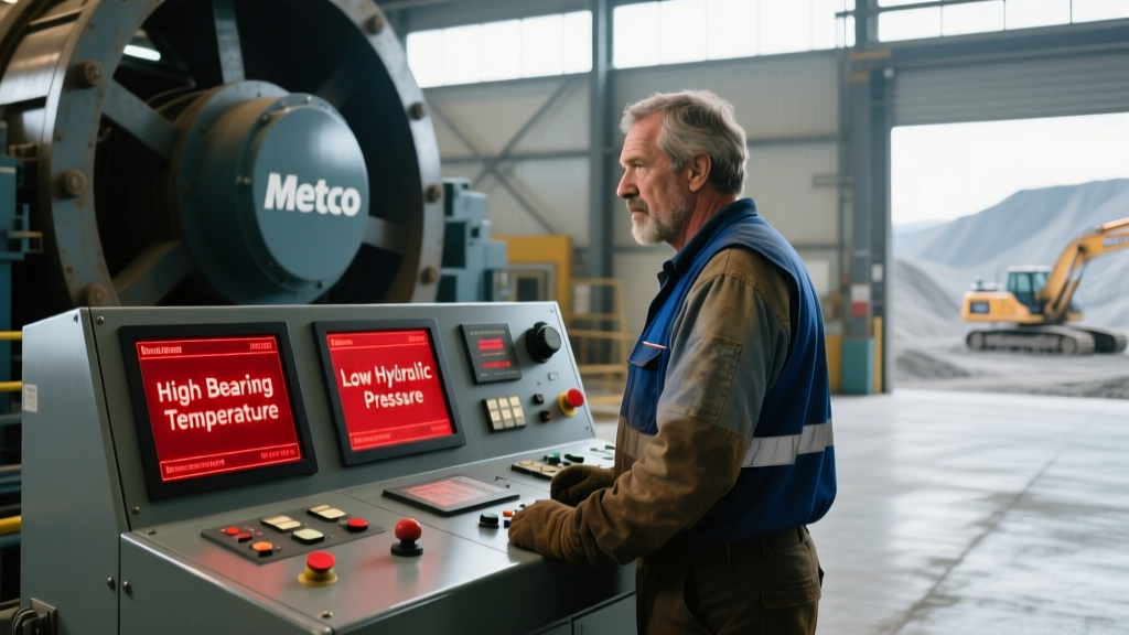 Quarry operator inspecting a Metso cone crusher control panel displaying red telemetry alerts for high bearing temperature and low hydraulic pressure.