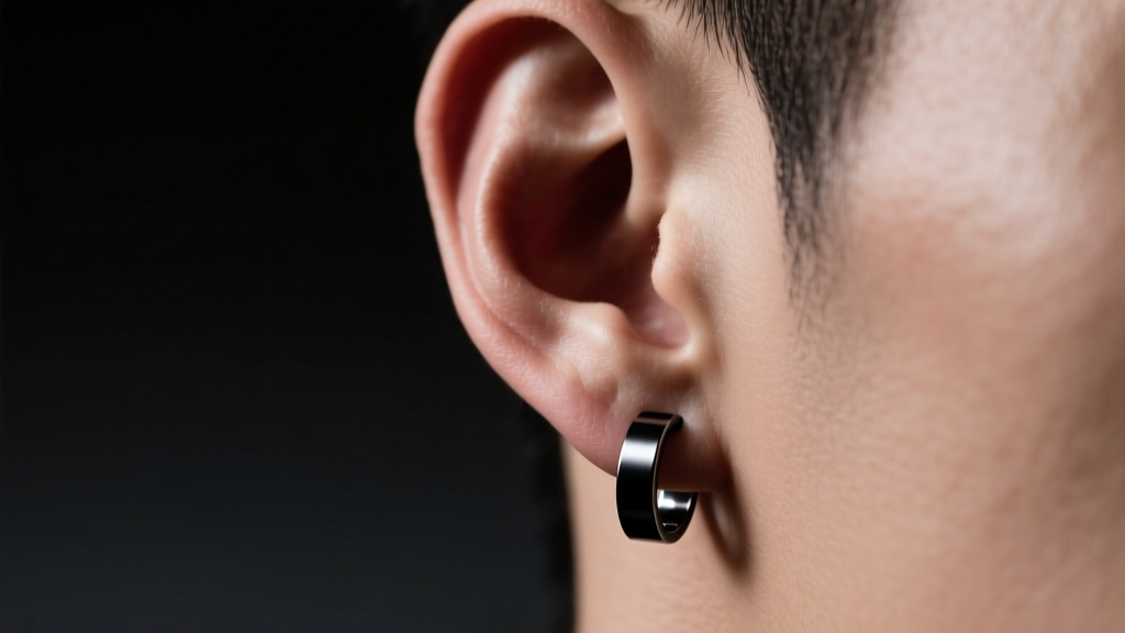 Close-up of a male earlobe wearing a minimalist 12mm matte black titanium hoop earring, studio lighting with a dark moody backdrop.