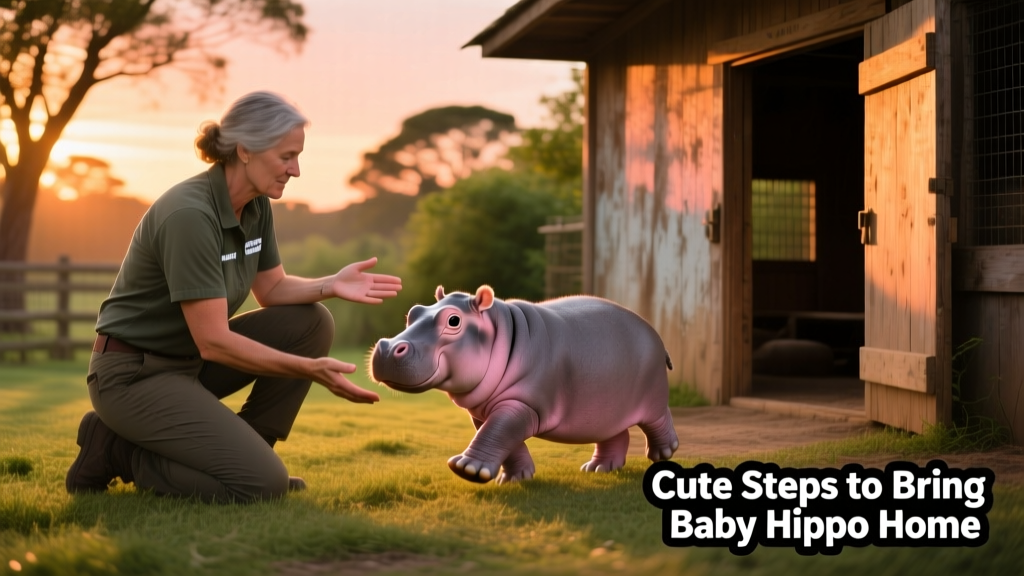 FurPetVo trainer kneeling beside Latke at dusk, gently guiding him toward the indoor habitat entrance with a calm expression and open hands