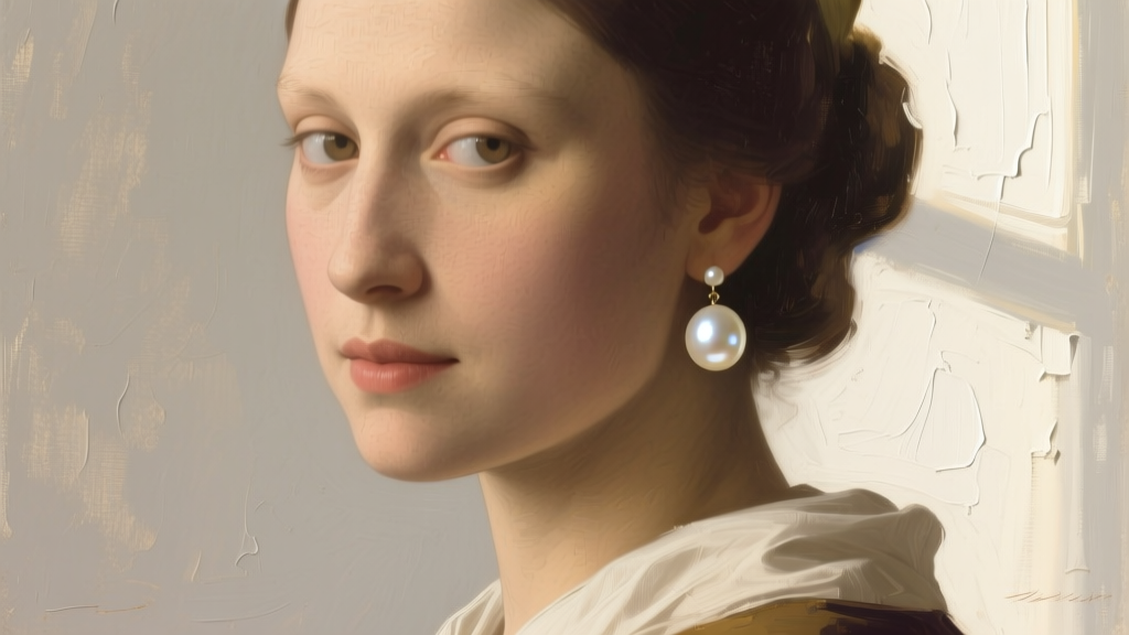 Oil painting style portrait of a woman wearing a single large lustrous white pearl drop earring in soft lighting