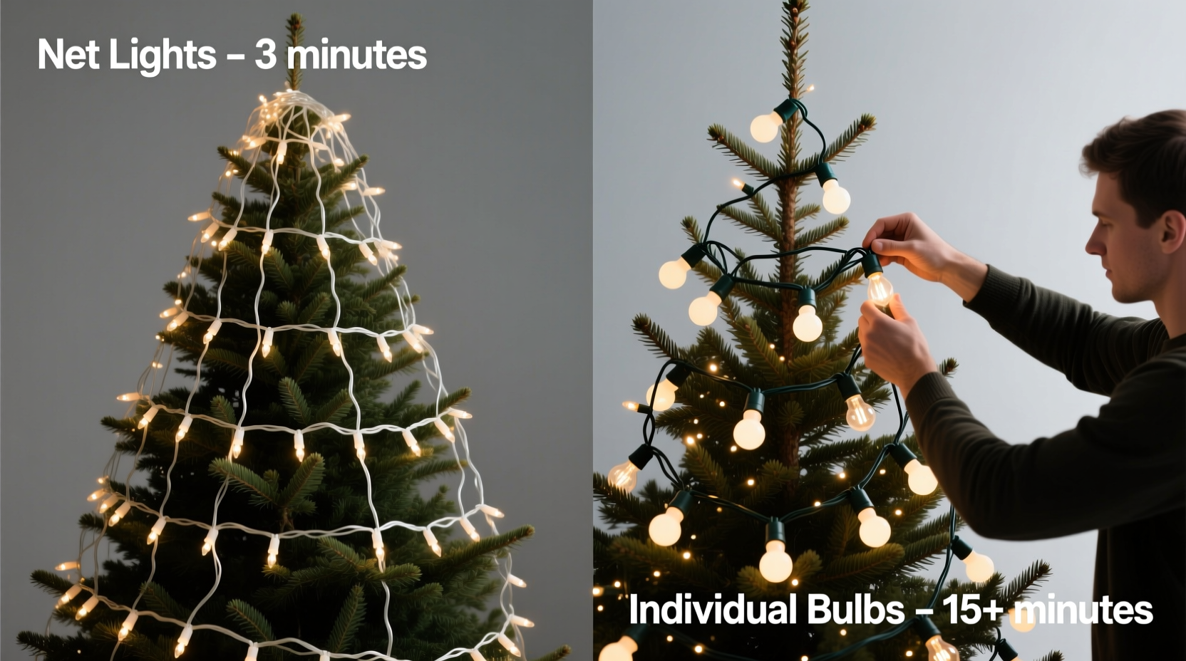 net lights vs individual bulb strings which makes tree coverage faster
