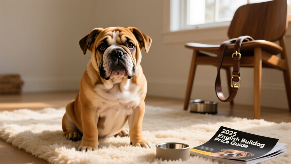 A friendly, wrinkled English Bulldog puppy sitting on a soft rug, looking alert and curious