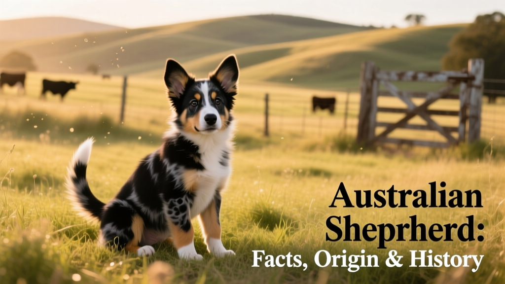 Australian Shepherd puppy sitting alertly on a grassy ranch field, ears perked and tail up