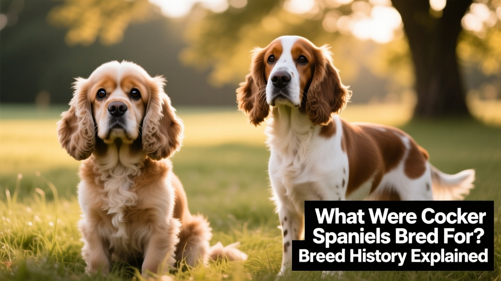 Side-by-side comparison showing the more compact, rounded head of an American Cocker Spaniel next to the slightly longer muzzle and athletic build of an English Cocker Spaniel