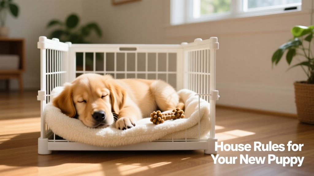A happy puppy resting peacefully in a tidy crate with a soft blanket and chew toy