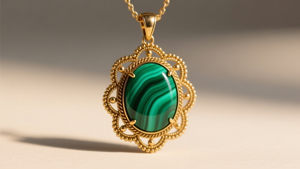 Close-up of a vintage alhambra pendant necklace showing gold milgrain beading around a vibrant green malachite stone inlay.