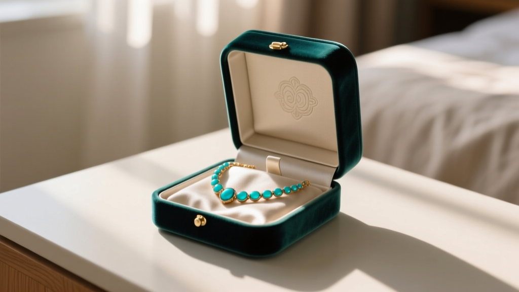 Velvet box displaying a turquoise choker inside an anti-tarnish cloth pouch, illuminated by soft, diffused bedroom lighting.