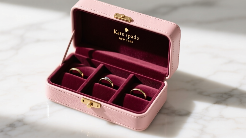 Top-down view of a blush pink saffiano leather Kate Spade New York jewelry box open on marble, revealing plush velvet ring slots