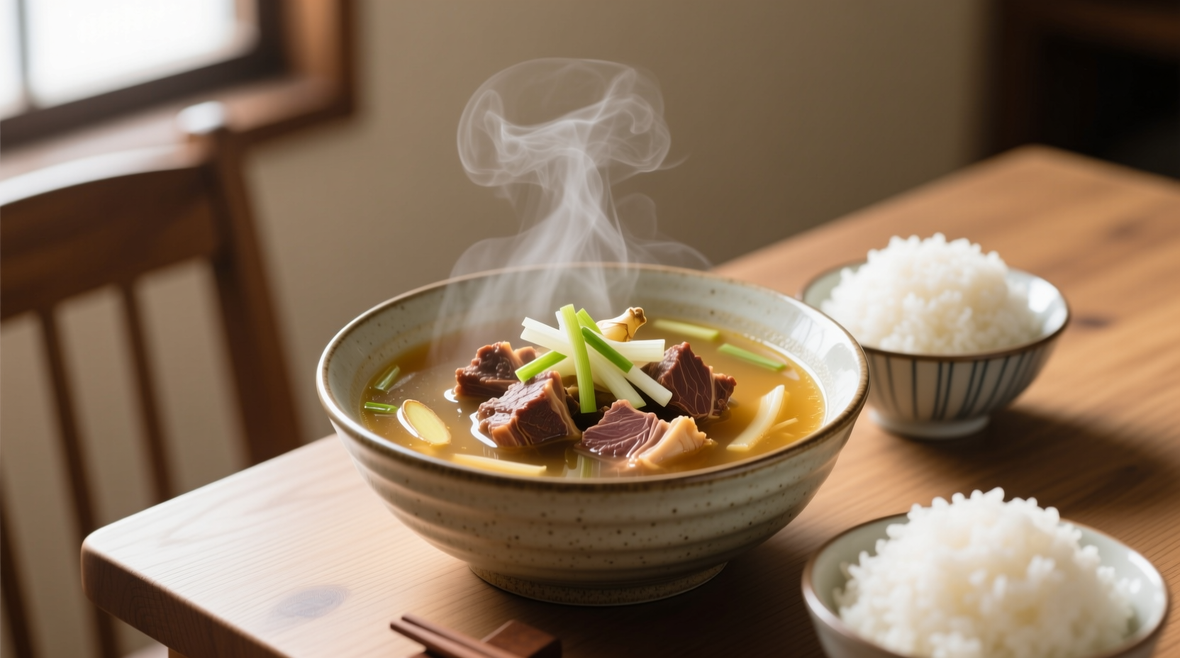 Family-style serving of Korean short rib soup with rice and banchan