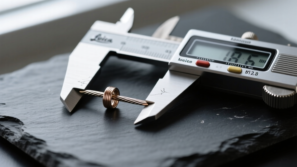 Close-up of digital calipers measuring the wire thickness of an 18-gauge titanium earring post resting on a dark slate surface.
