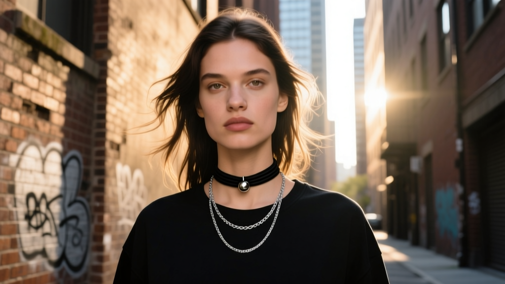 Streetwear model wearing a minimalist black cord choker with a subtle metal bead, layered with a silver chain, in urban lighting