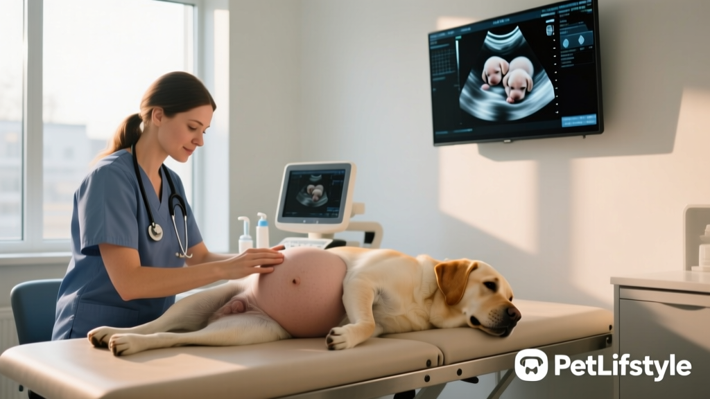 Veterinarian performing an ultrasound on a pregnant dog in a clinic setting