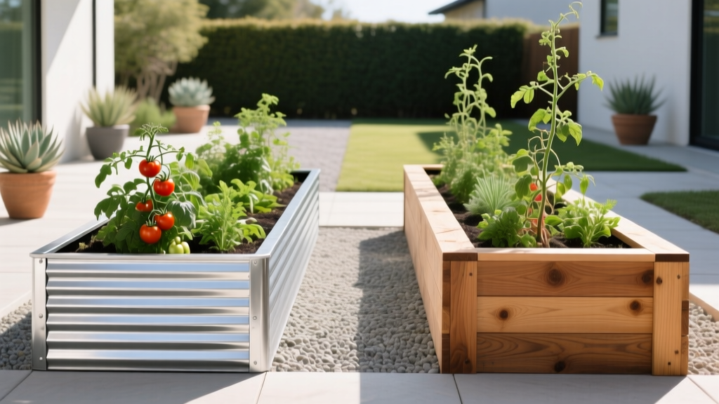 Side-by-side comparison of a corrugated Aluzinc metal raised garden bed and a modular cedar wood raised bed in a sunny backyard.