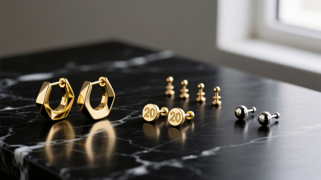 Flat lay of threadless cartilage studs, 16-gauge gold huggies, and 20-gauge lobe posts arranged neatly on a dark marble surface.