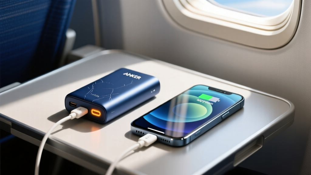 Anker Nano power bank charging a smartphone via built-in USB-C cable resting on an airplane tray table during a daytime flight