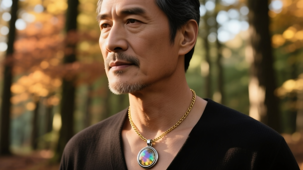 Man wearing an oxidized silver pendant layered with a thin brass chain, shot in warm sunlight against a blurred forest backdrop.