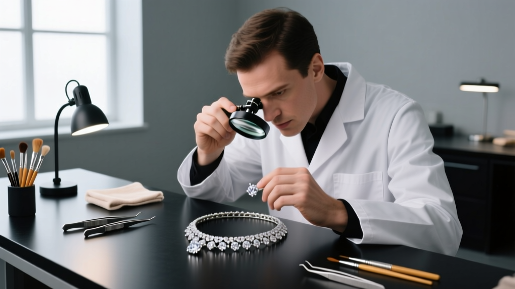 Jeweler using a loupe to inspect pave diamond prongs on a platinum necklace, with professional tools visible on the workbench.