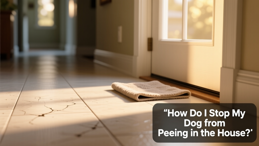 Close-up of a clean, enzyme-treated floor area next to a small, absorbent dog potty pad placed discreetly near a door