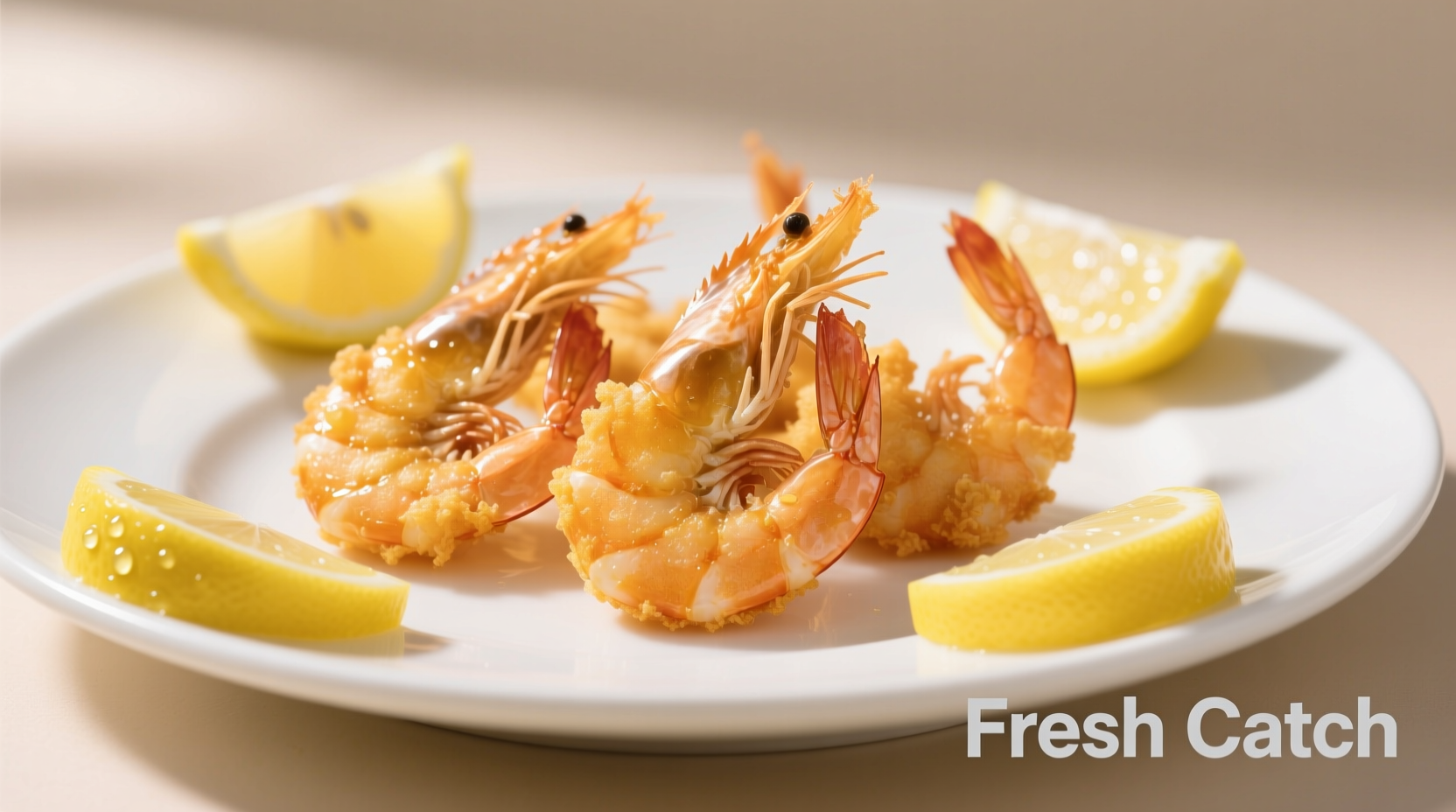 Golden fried shrimp on white plate with lemon wedges