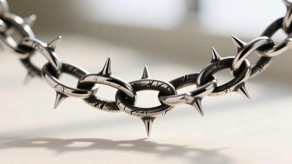 Macro photography of a 925 sterling silver thorn necklace link, showing dark oxidized patina in the crevices and polished tips.