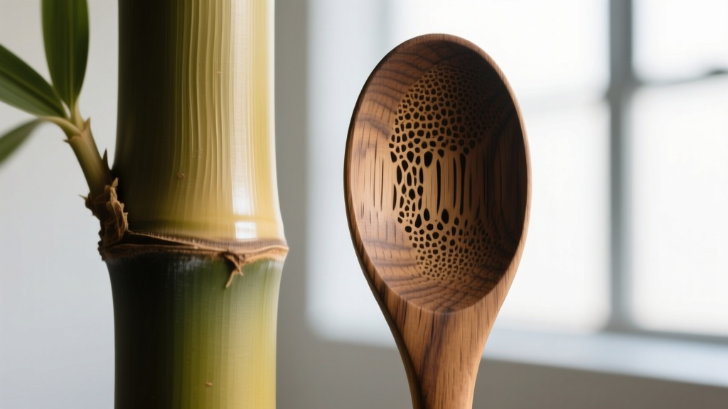 Macro view showing tight grain structure of sustainably harvested Moso bamboo next to the porous surface of an unsealed acacia wood spoon