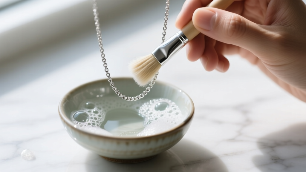 Hands cleaning a 10g Pt900 Japanese platinum chain with an ultra-soft brush and mild soap suds inside a small ceramic bowl.
