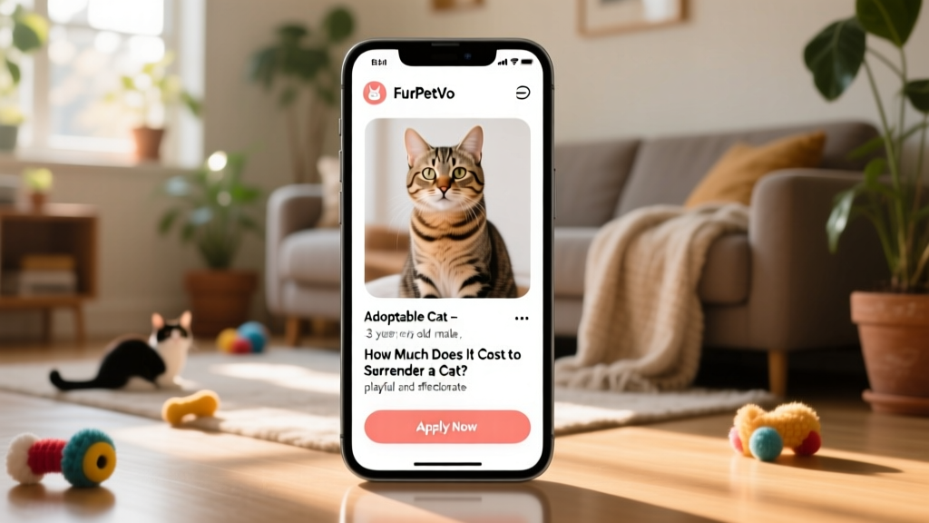 Screenshot-style mockup showing a clean, mobile-friendly FurPetVo cat profile with photos, bio, and 'Apply Now' button