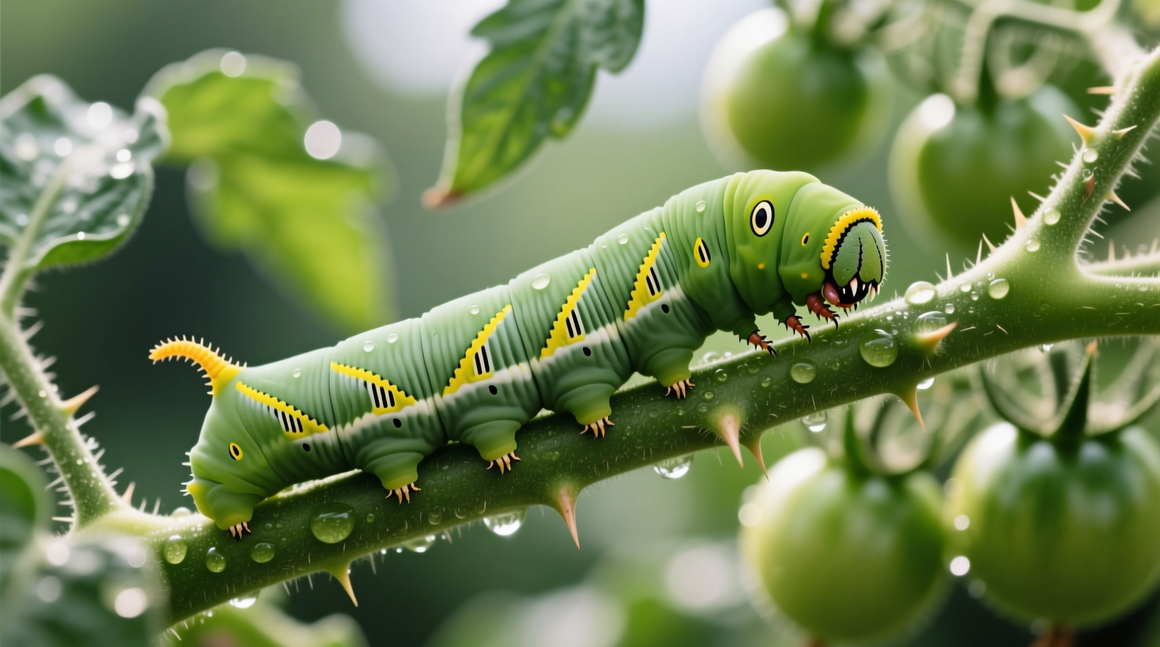 Close-up tomato hornworm on tomato plant stem