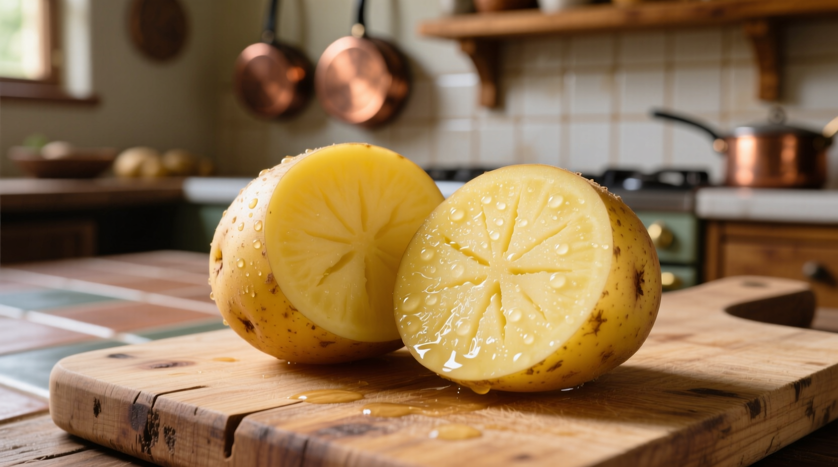 Fresh yellow potatoes with golden flesh cut open