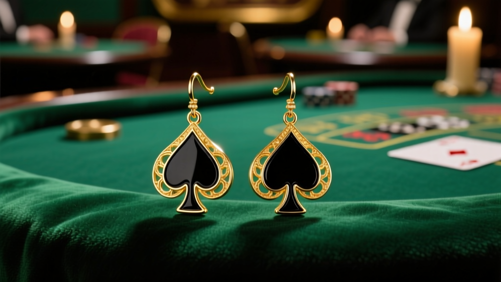 Close-up of 14k gold and black enamel Ace of Spades drop earrings resting on green velvet casino table with soft, moody lighting.